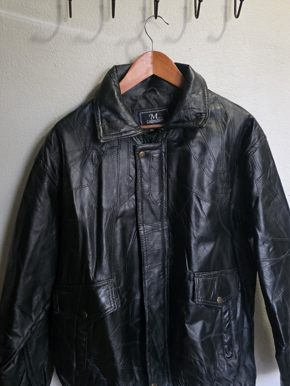 Collection M Black Leather Bomber Jacket Fits XL-XXL